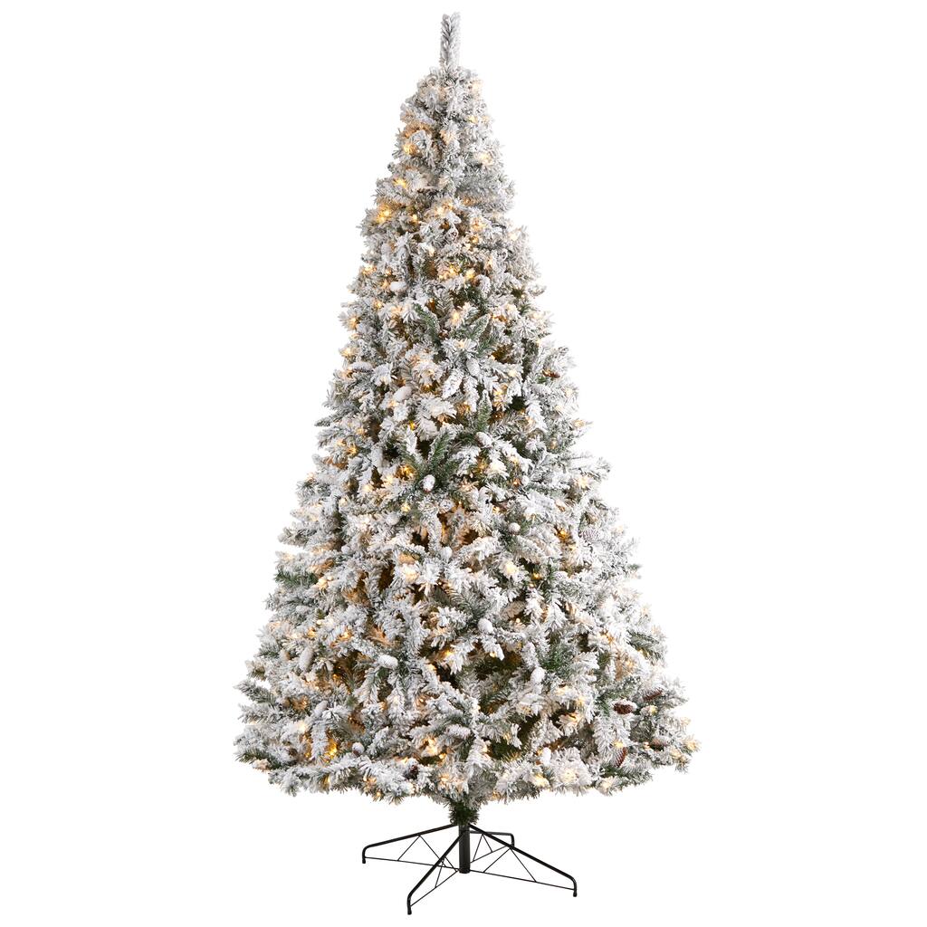 10ft. Pre-Lit Flocked White River Mountain Pine Artificial Christmas Tree,  Clear LED Lights